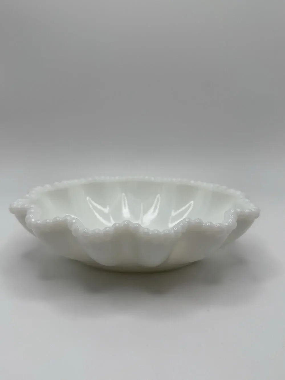 Vintage Westmoreland Milk Glass Doric Lace Oval Bowl Bead Ruffle Trinket Dish